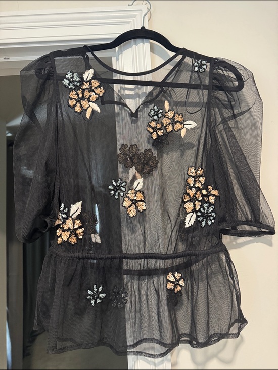 Anthropologie Tops - Anthropologie Black Sheer Mesh Floral Appliqué Peplum Blouse
